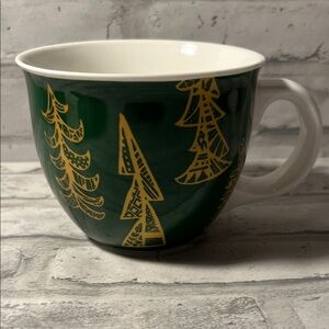 Starbucks Green 14 oz Ceramic coffee Mug with Gold tree Accents 2015